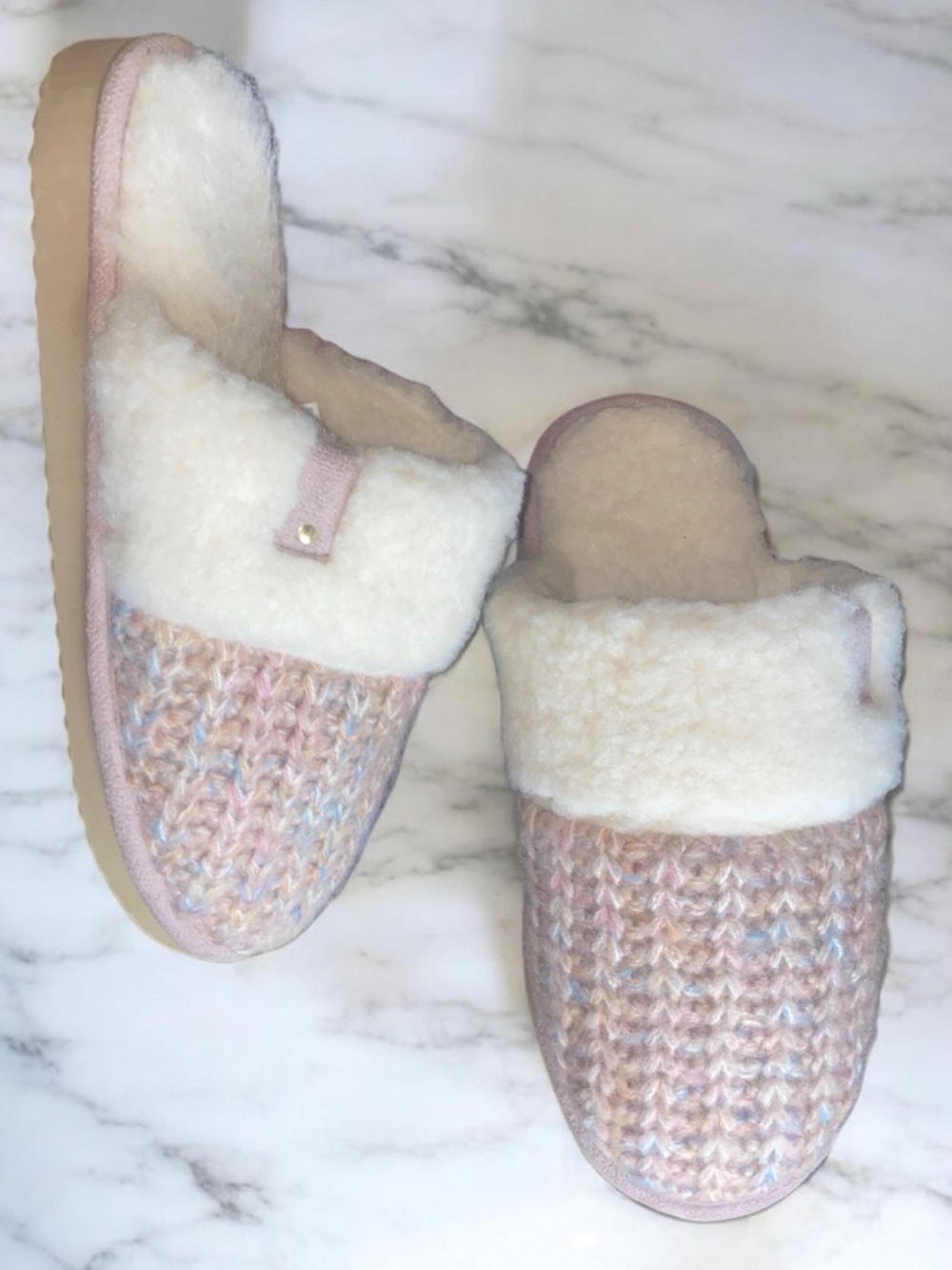 Cozy Knit Faux-Shearling Slip-On Slippers - Pink Sz 7 indoor outdoor